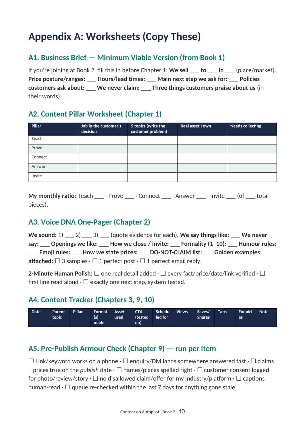 Actual PDF page 40 from Content on Autopilot: Content worksheets and tracker