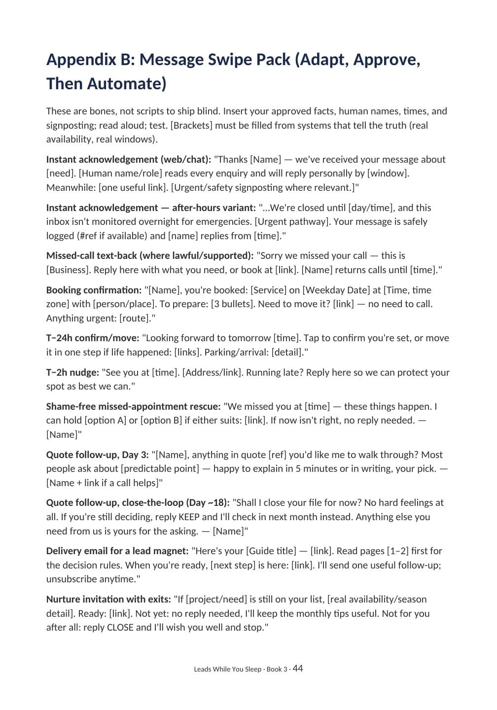 Actual PDF page 44 from Leads While You Sleep: Follow-up message swipe pack