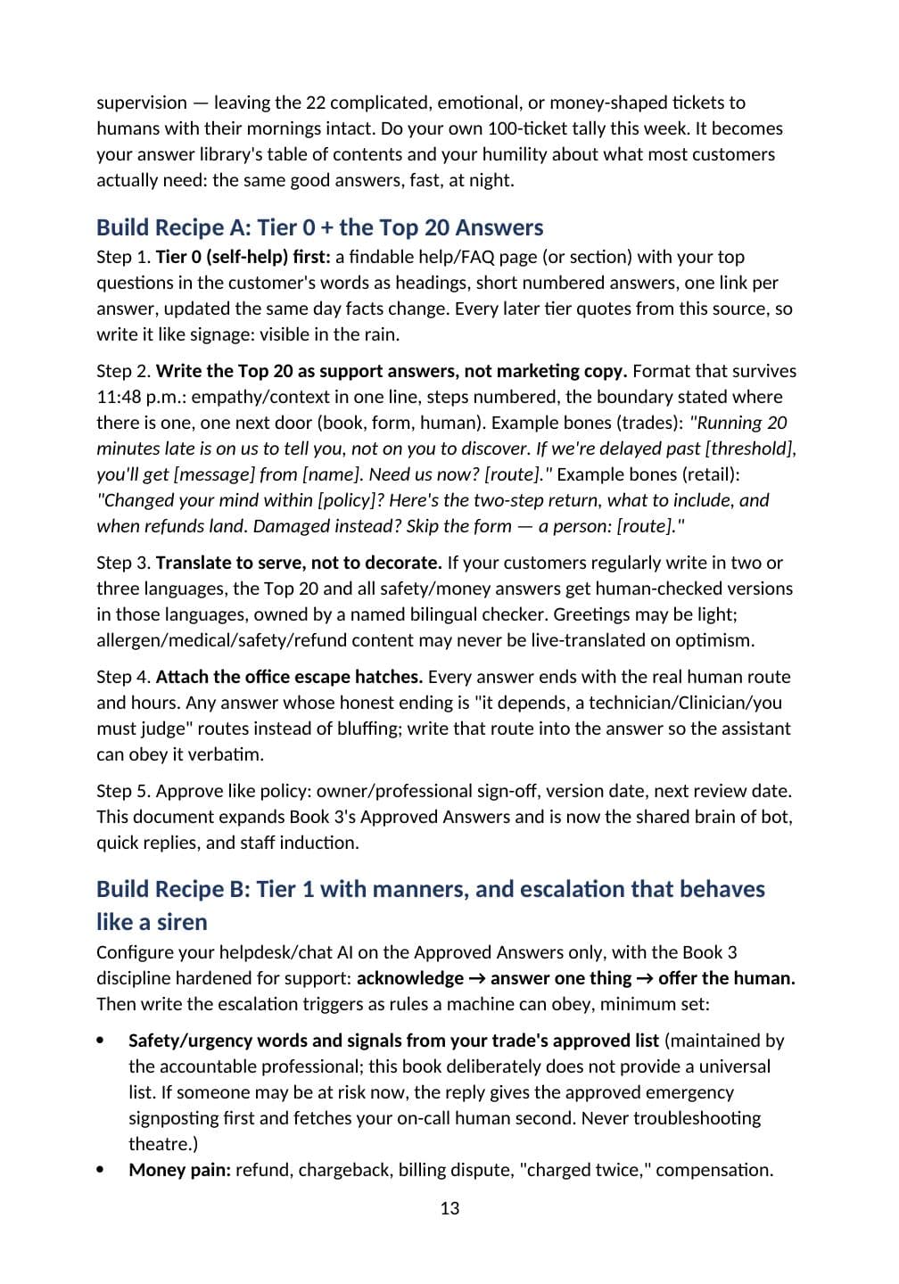 Actual PDF page 13 from Your 24/7 Virtual Team: Support answers with escalation rules